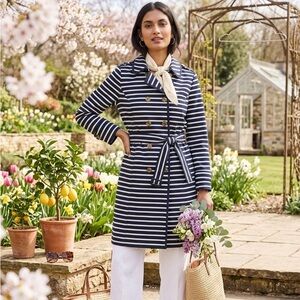 Boden Striped Trench Coat Belted Navy White 4R